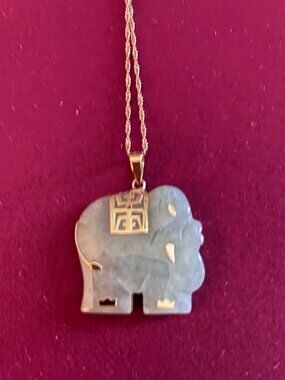 Light Green Jade Elephant Dainty Necklace, and Pendant 14kt Yellow Gold.